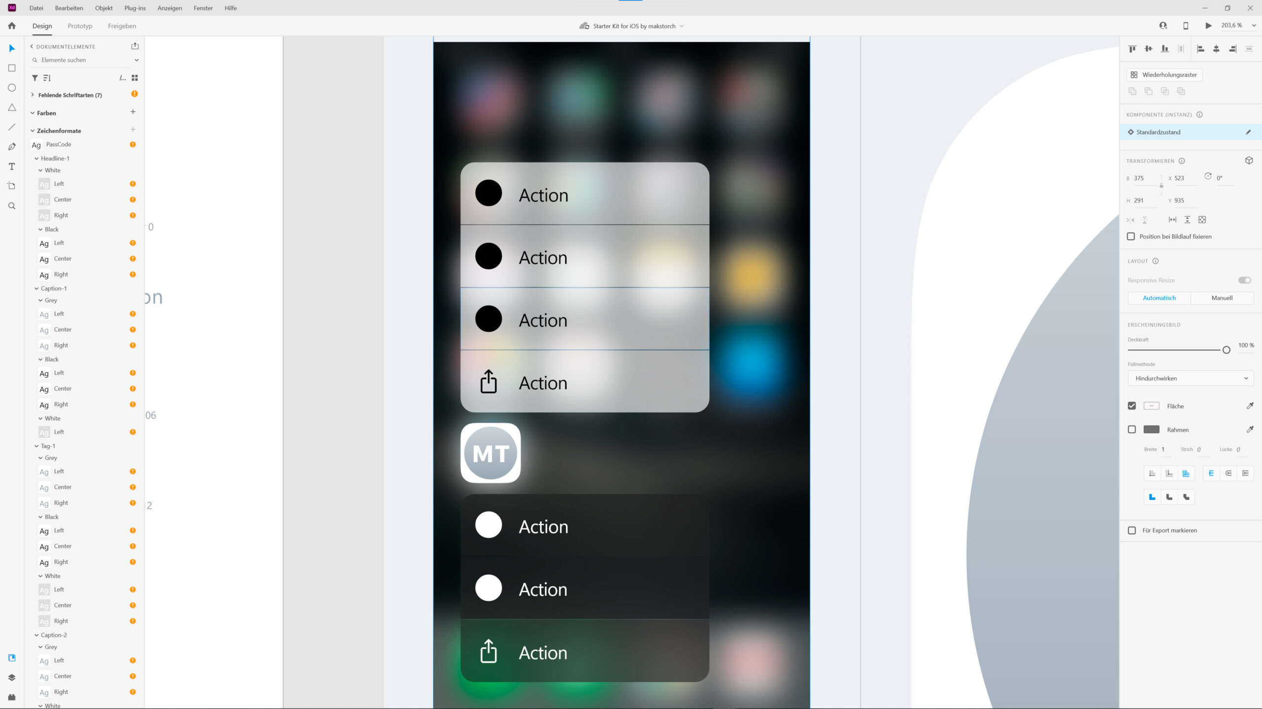 Screenshot Adobe XD Komponente